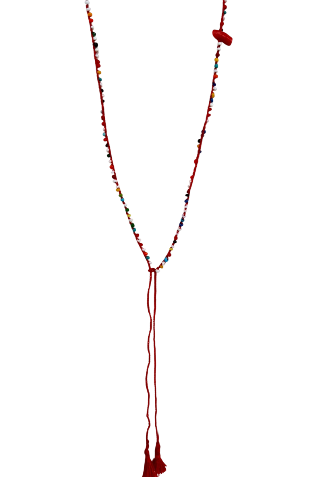 Collana lunga rossa con nappine e corallo